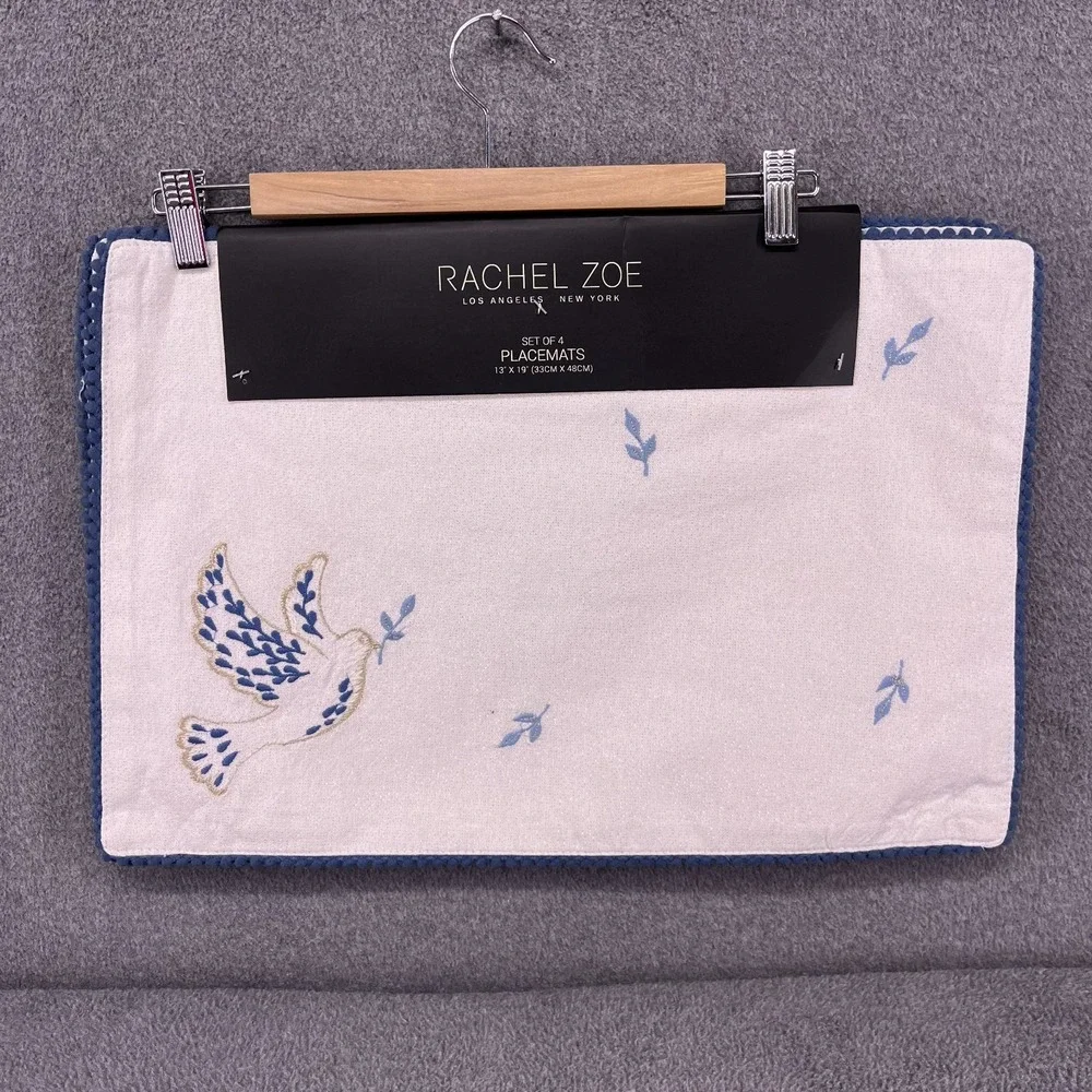 Rachel Zoe placemats Set of 4 Embroidered Dove‎ Peace 13 x 19 silver sparkle